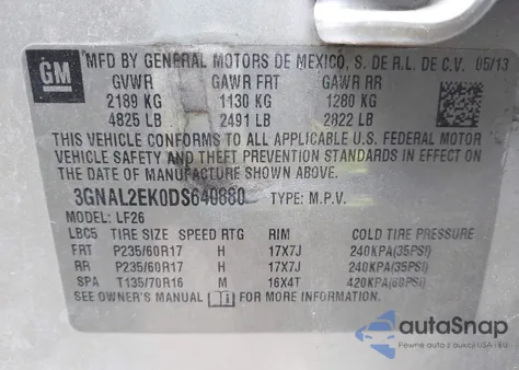 2013 Chevrolet Captiva Sport 2Ls z USA, uszkodzony, nr VIN 3GNAL2EK0DS640880